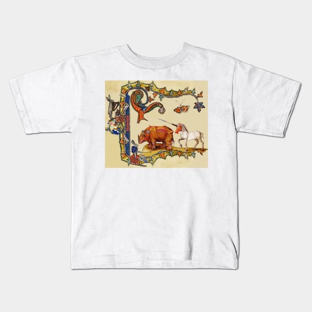 WEIRD MEDIEVAL BESTIARY, DRAGON,UNICORN ,RHINO AND KILLER RABBIT Kids T-Shirt by BulganLumini